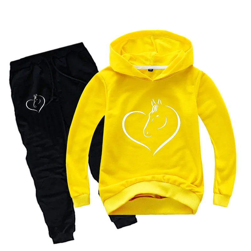 yellow 0491 От 2 до 16 лет, детская одежда, одежда для подростков, девочек, комплект с изображением героев из мультфильмов, с лошадкой принт состоящие из кофты с капюшоном и штанов, 2 предмета в комплекте, спортивный костюм для детей, одежда для осени, для детей - Цвет: yellow 0491
