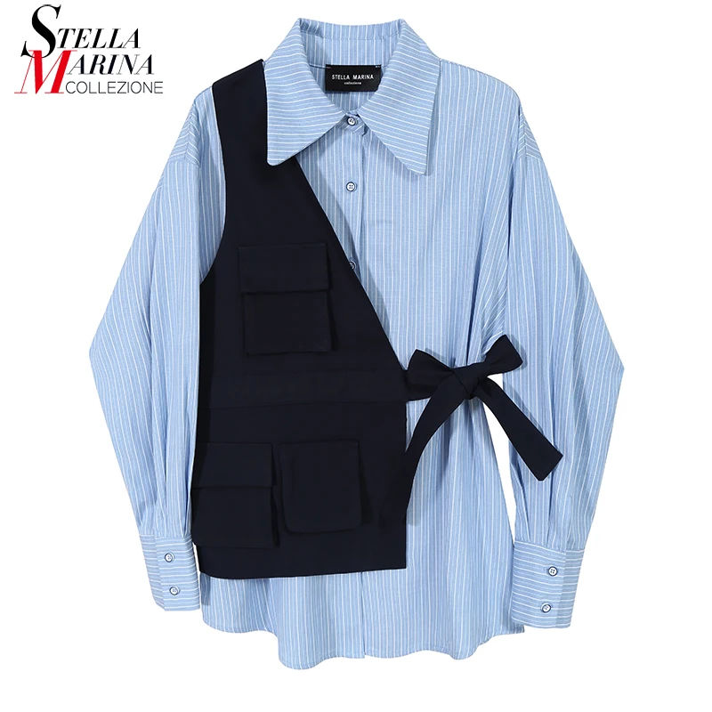 Fake Two Piece 2020 Woman Blue Striped Blouse Long