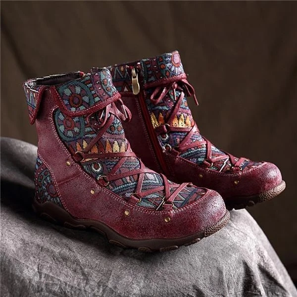 

New Winter Women Boots Retro warm Leisure Embroidery Stitching lace up Ankle Boots cross-tied Comfortable women shoes Flat Shoes