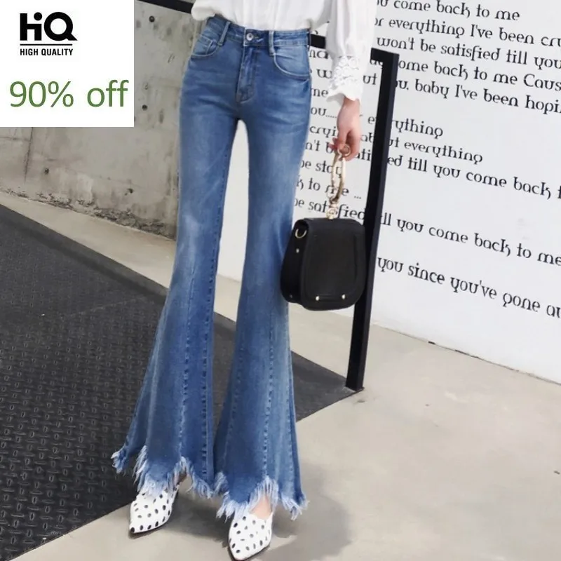 

Fashion 2020 Tassel Flare Jeans Women Light Blue Spring Vintage High Waist Slim Denim Trousers Office Lady Zipper Jeans 24-29