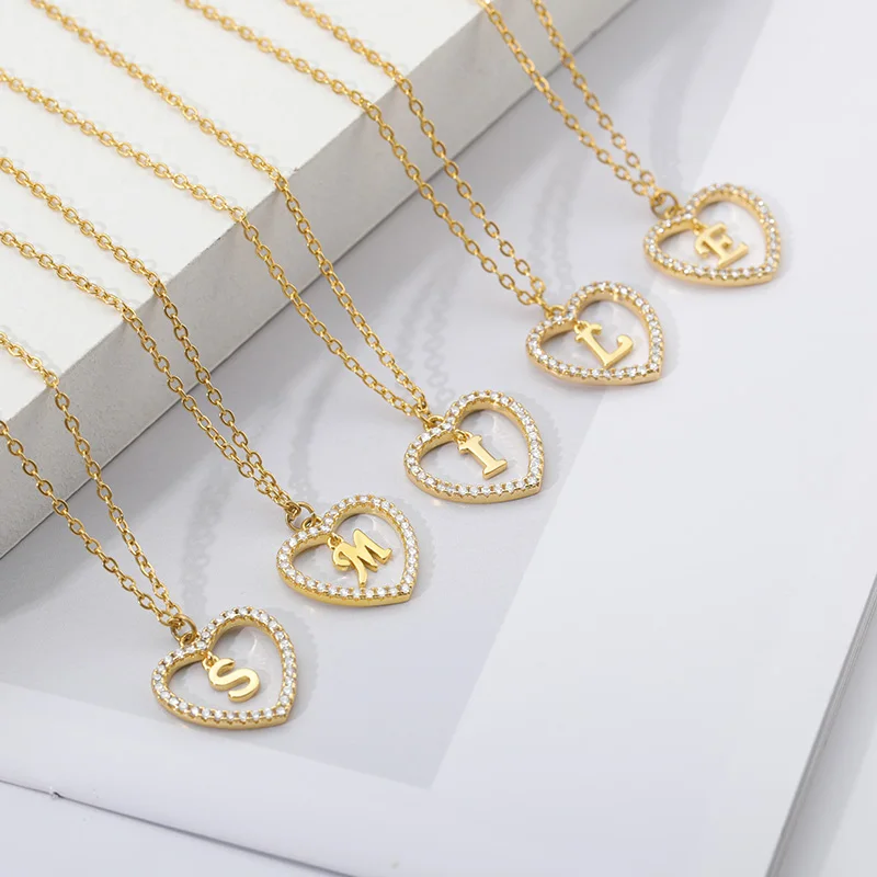 Zircon Initial Letter Pendant Necklace For Women Gold Chains Female Neck Harajuku Lover Clavicle Choker Jewelry | Украшения и