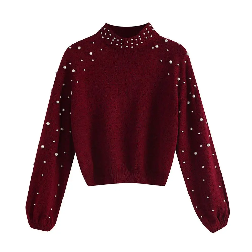 Женский вязаный свитер, новинка, сексуальный длинный рукав, жемчуг, толстая водолазка, однотонный пуловер с круглым вырезом, Осень-зима, модная Повседневная блузка# A - Цвет: Красный