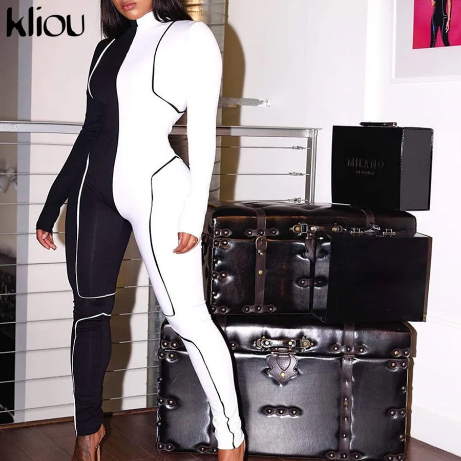 

Kliou Women Skinny Fitness Jumpsuit Active Wear Rompers Black/White Patchwork Fashion Casual streetwear Autumn long bodysuits