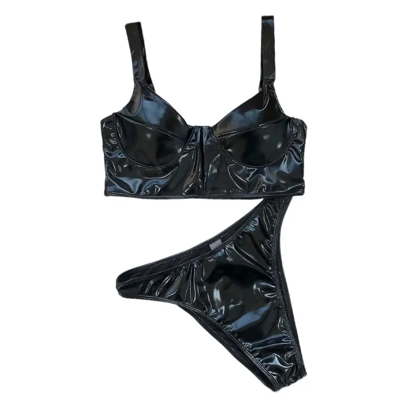 Женское кожаное бикини Wetlook из искусственной кожи с v образным вырезом и высокой