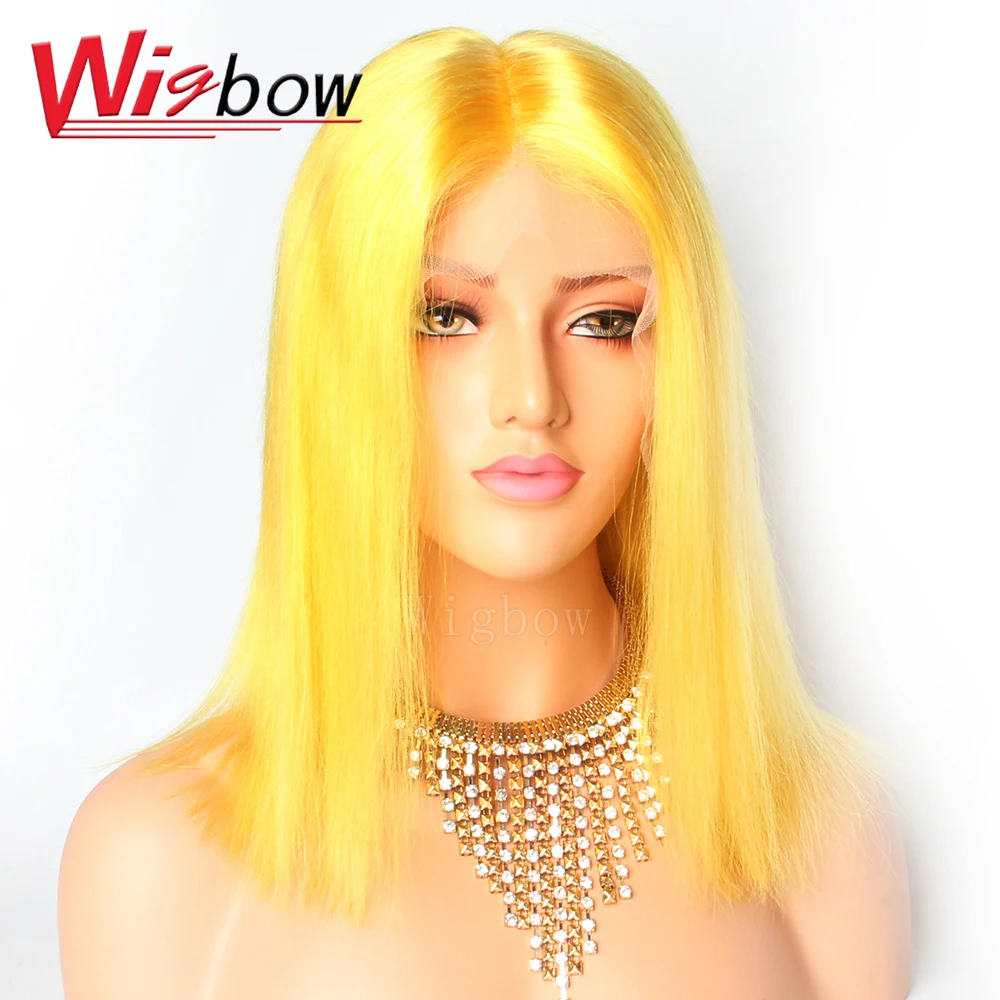 Yellow 1B Yellow Bob Lace Front Wig Human Hair with Baby Hair 13X6 Preplucked Brazilian Remy Hair Wig 10-14 Inch 150 Density For Women - Цвет: Yellow
