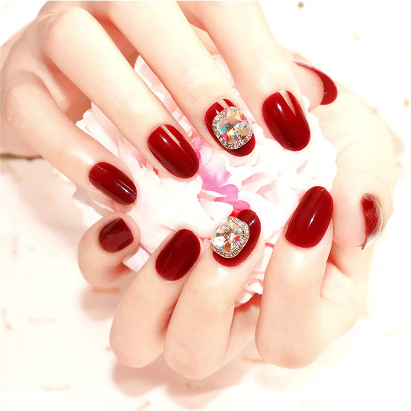Nusx DIY Red Color Artificial Nails Bride Wedding Shining Rhinestone Fake Nail 3D Decor Full Cover 5