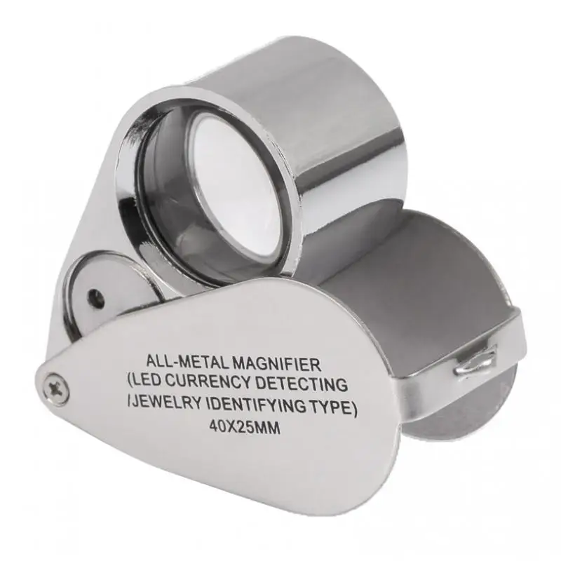 

40X Illuminated Jeweler LED UV Lens Loupe Magnifier with Metal Construction and Optical Glass (40X 25 mm, Silver)