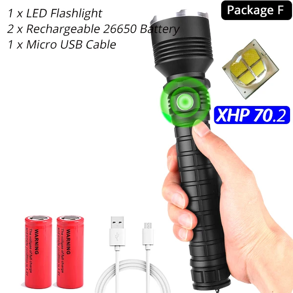 Package F XHP70.2 самый мощный фонарик XHP50 USB Zoom СВЕТОДИОДНЫЙ Фонарь Xlamp тактический охотничий фонарь 18650 26650 для самообороны - Emitting Color: Package F