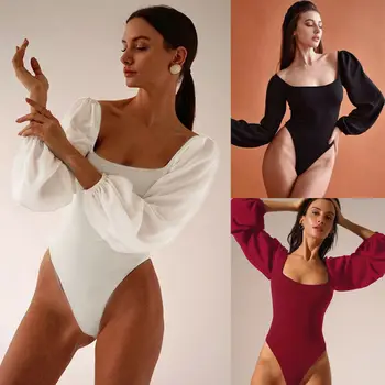 

Sexy woman casual back patchwork mesh puff long sleeve bodysuits tops short party night club bandage bodycon slim rompers