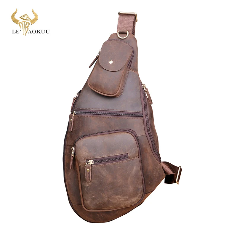 Quality Leather Men Casual Fashion Travel Triangle Chest Sling Bag Brown Design 8" Tablet One Shoulder Bag Daypack Male 3080