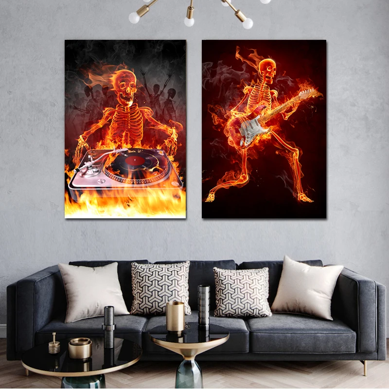 ' Skeleton Playing Drums On Fire ' Music Canvas Wall Art Deco 