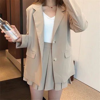 

2020 New Women Long Sleeve Blazer & High Waist Pleated Skirt Outfits Loose Female Suit 2 Pieces Set OL Work Wear Clothing