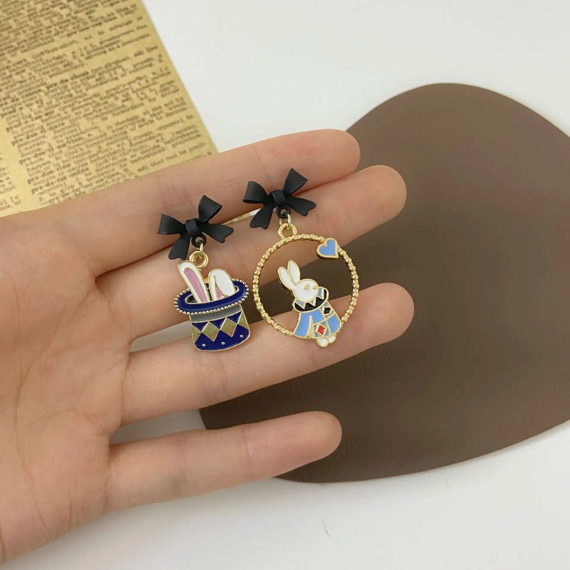 Asymmetric Alice In Wonderland Earrings Clip on Fairy Tale Cartoon
