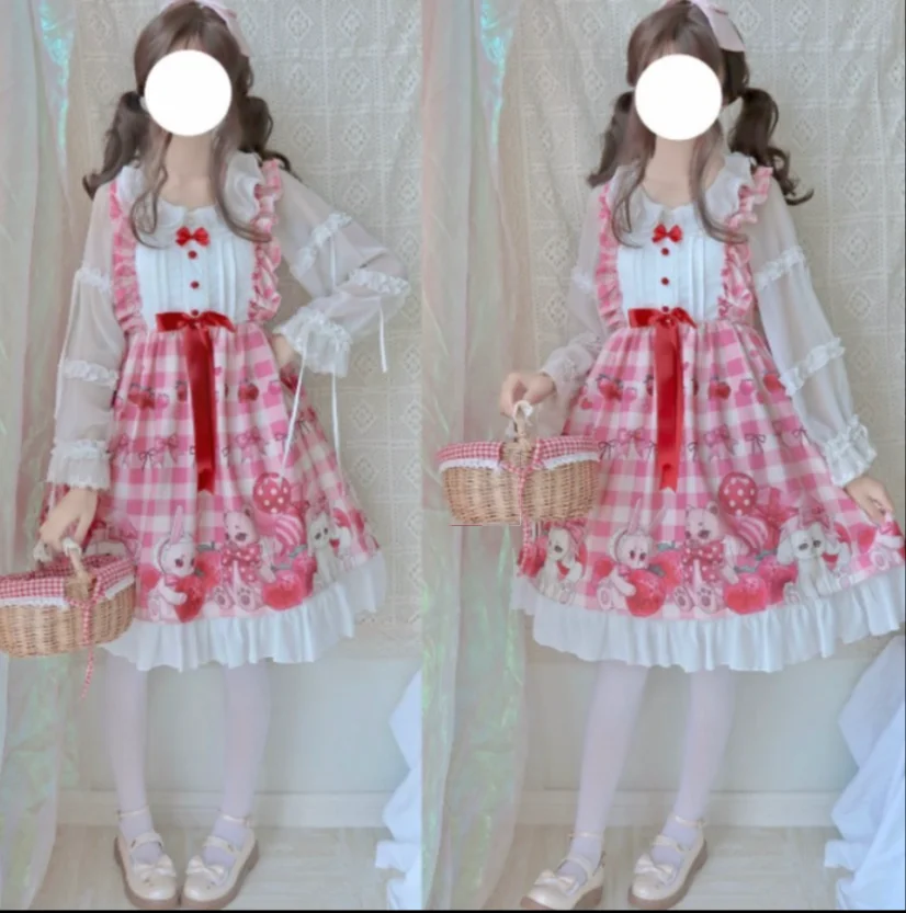 Студенческий стиль клубника медведь печать Vestidos Готический японский платье cos кружево Высокая талия дворец Виктория Лолита jsk платье