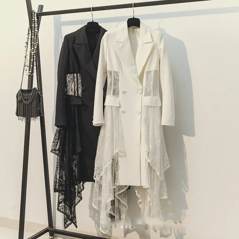 

2019 Autumn Asymmetric Women Long Solid Lace Patchwork Female Sexy Long Sleeve Coat S-4XL