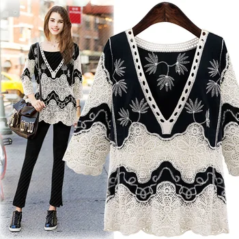 

2020 Spring Summer New V-neck Hollow Lace Shirt Women Wild Nine-point Sleeve Embroidered Shirt Women XL-4XL