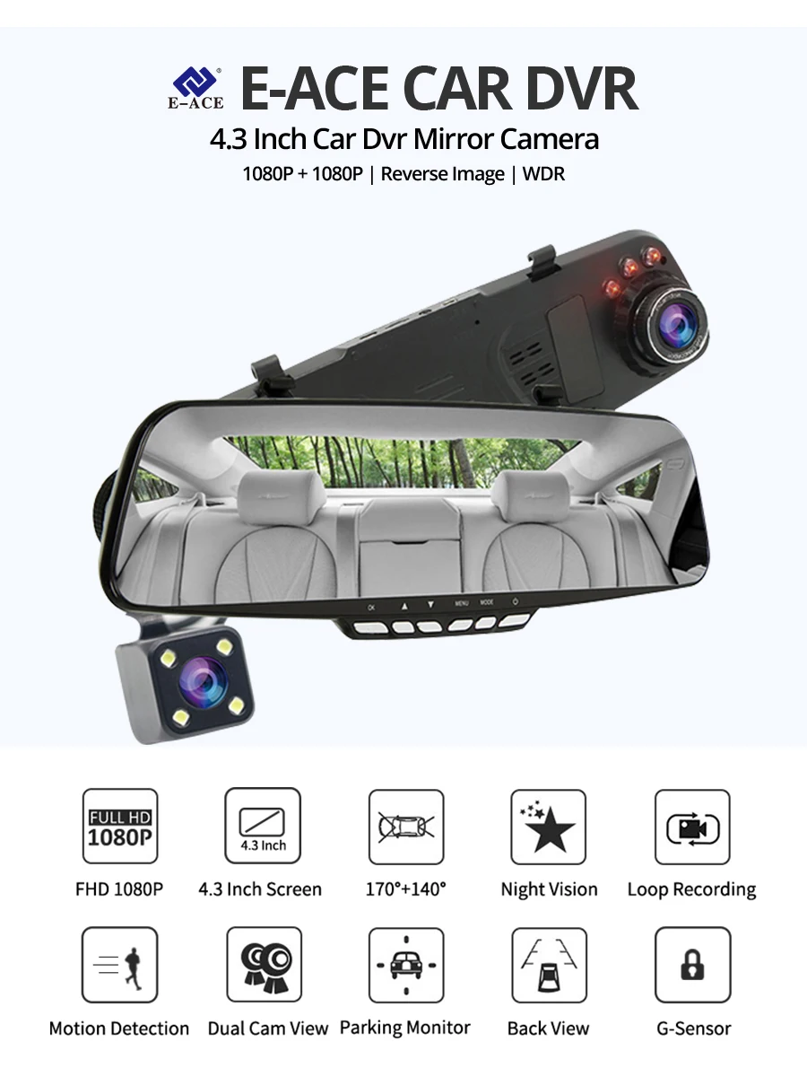 E-ACE A10, хит, Full HD 1080 P, Автомобильный видеорегистратор, камера, авто, 4,3 дюймов, зеркало заднего вида, цифровой видеорегистратор, двойной объектив, Регистрационная видеокамера
