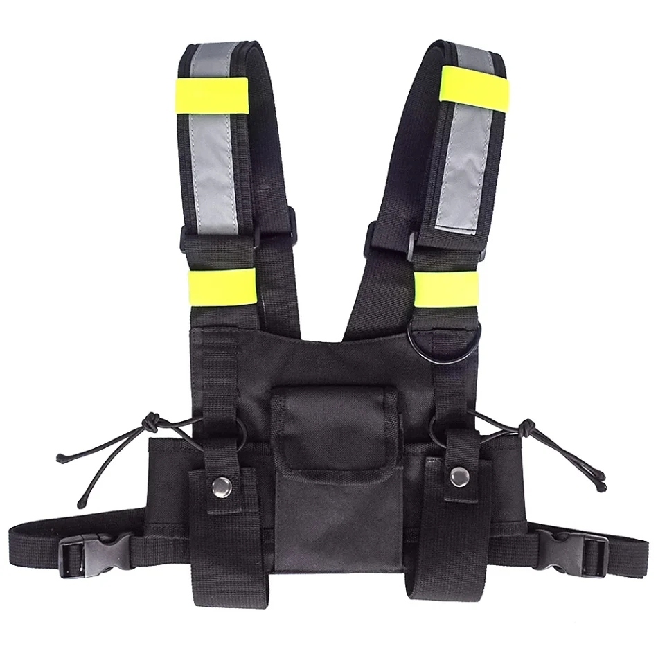 Highly Visible Reflective Vest Outdoor Hunting Radio Harness Chest Rig Front Pack Pouch Holster Vest Bag for Walkie Talkie - Color: Reflective strip