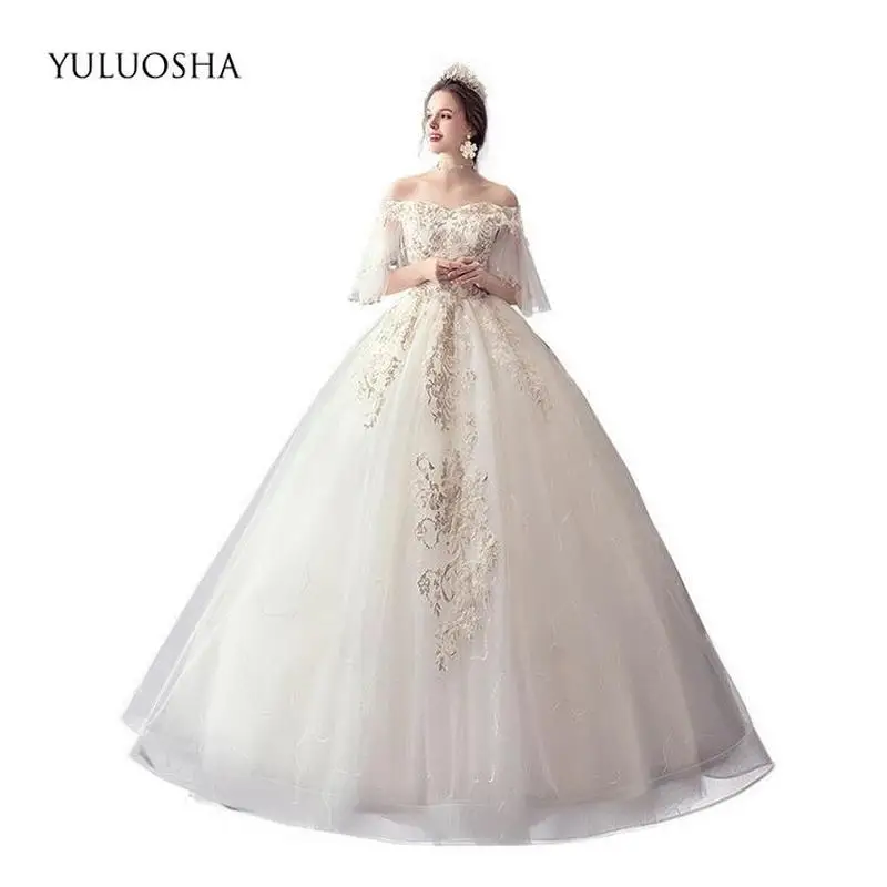 

YULUOSHA Champagne Boho Wedding Dress Backless Lace Up Appliques Boat Neck Liza Gown Elegant Bridal Gown Vestido De Noiva