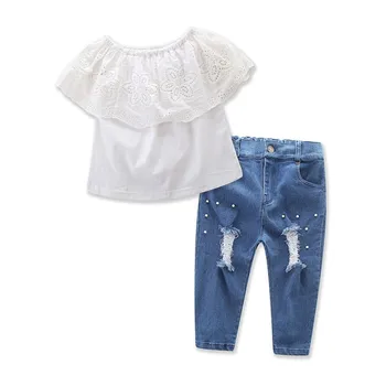 

DFXD Children Summer Outfits Toddler Girls Clothing Set White Off Shoulder Lace Tops+Pearl Ripped Jeans Pants 2-6T Kids Clothes