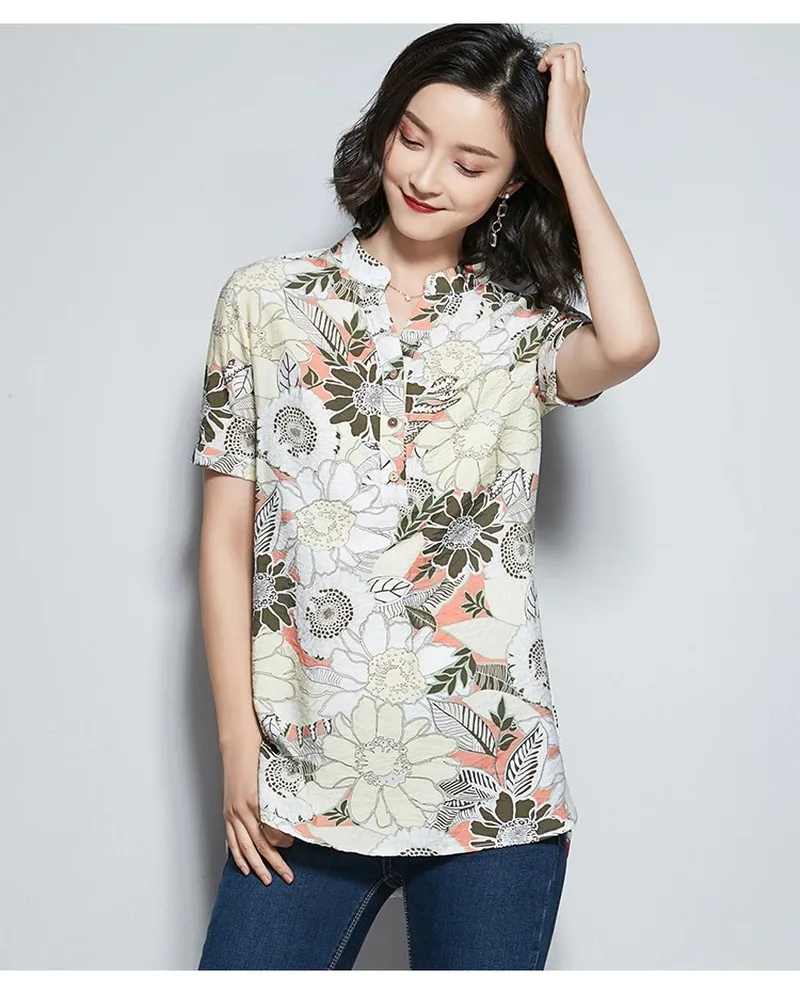 Primavera VerAo Nova feminino de cAnhamo de algodAo de с коротким рукавом плюс размер feminina de mEdio longo da camisa