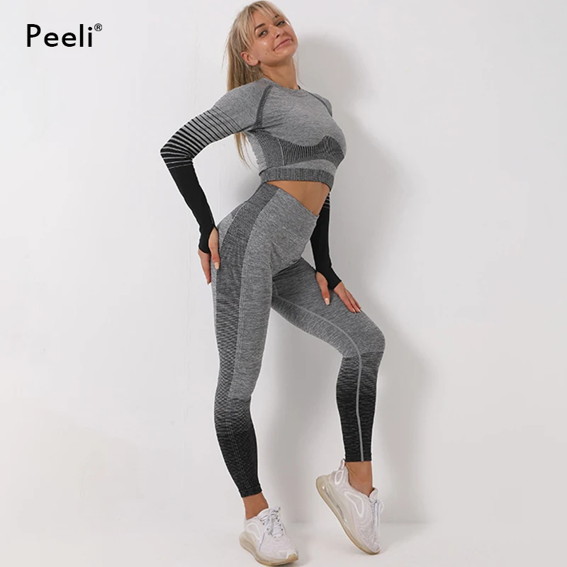 Спортивный комплект Peeli с длинным рукавом укороченный топ бесшовные леггинсы для
