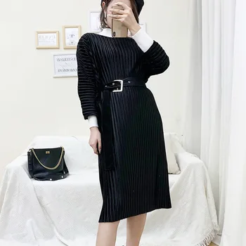 

LANMREM 2020 autumn vintage velvet fold clothes for women loose O-neck Wrist sleeve pleated dresses with belt tide new YJ615