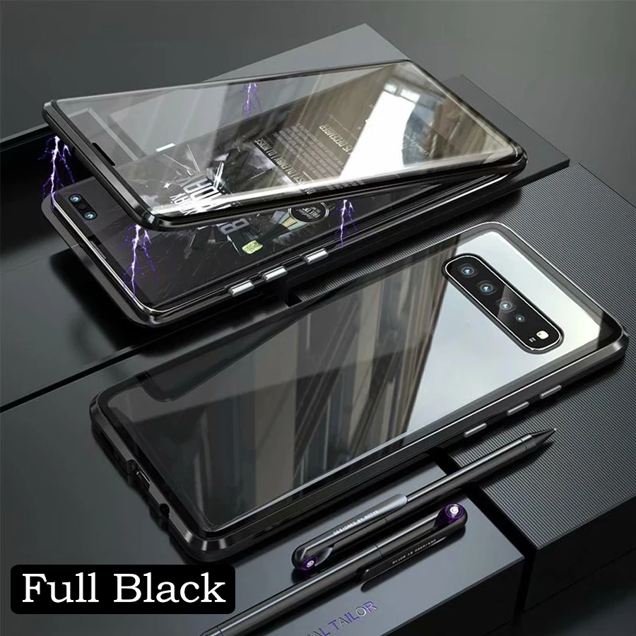 Магнитный адсорбционный магнит чехол для телефона для samsung Galaxy S8 S9 S10 Plus Note 10 Plus Note 9 8 Передняя Задняя стеклянная крышка чехол Coque - Цвет: Черный
