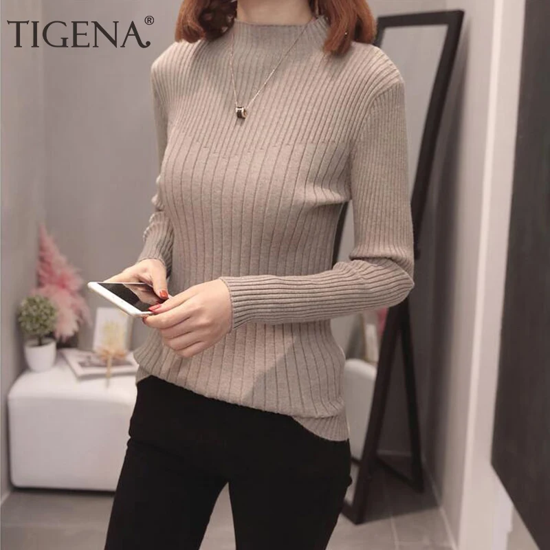 

TIGENA High Elastic Slimming Pullover Sweater Women 2019 Autumn Winter Long Sleeve Knitted Turtleneck Sweater Female Jumper Lady