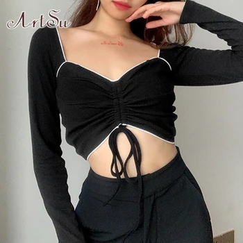 

ArtSu 2020 Autumn Long Sleeve Ribbed T-Shirt Women Square Collar Crop Top Clothes Slim Basic Ruched Lace Up Tshirt Black TS52404