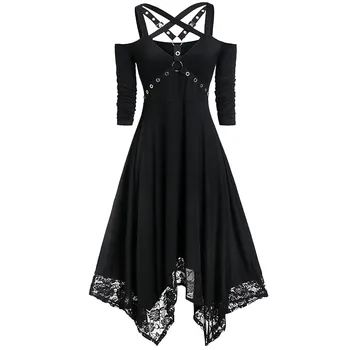 

Dress Women Punk Plus Size Open Shoulder Lace Spaghetti Strap Long Sleeve Gothic Dress summer dress vestidos платье женское