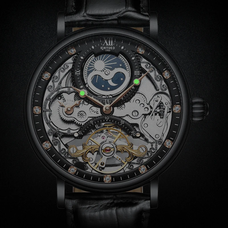 KINYUED, водонепроницаемые мужские Tourbillon часы с скелетом, лучший бренд, роскошные прозрачные механические часы с фазой Луны, спортивные мужские наручные часы