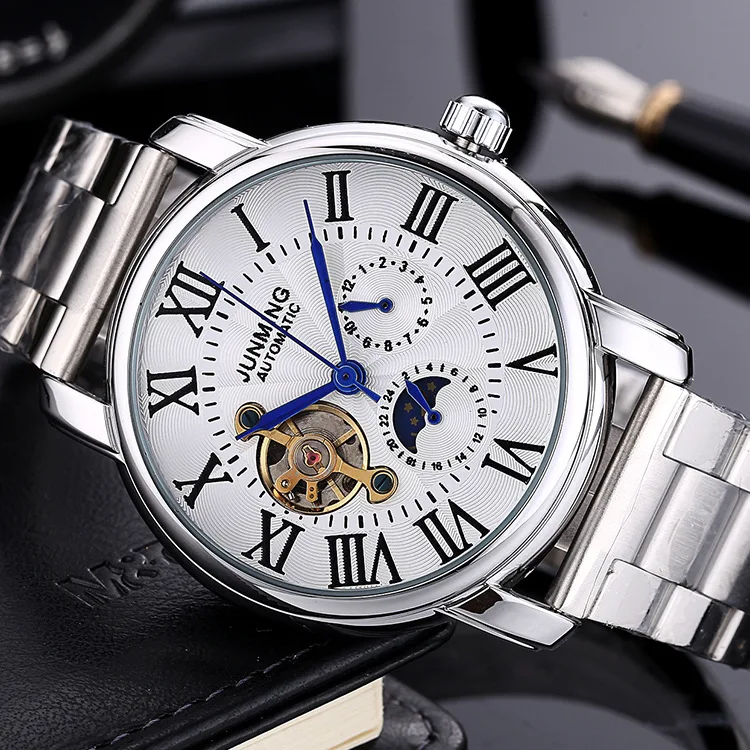 

Silver Steel Belt Five Stitches Three Men Waterproof Mechanical Wrist Watch Fully Automatic Mechanical Wrist Watch