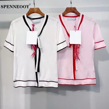 

SPENNEOOY Designer Custom Runway Women Summer Solid V-Neck Casual Fashion Tees Tops Ladies Striped Bow Knitting T Shirt
