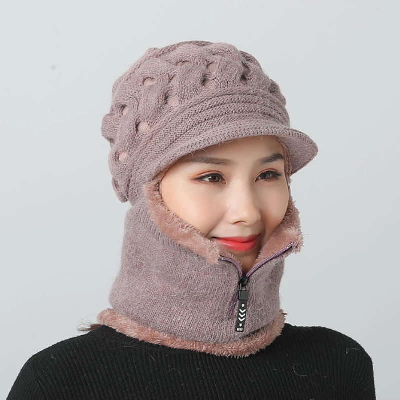 Новинка, брендовые шапки бини, женские вязаные шапки Skullies, нагрудник, маска для сиамских женщин, зимние Бархатные толстые теплые вязаные шапки с кроличьим мехом на молнии - Цвет: Хаки