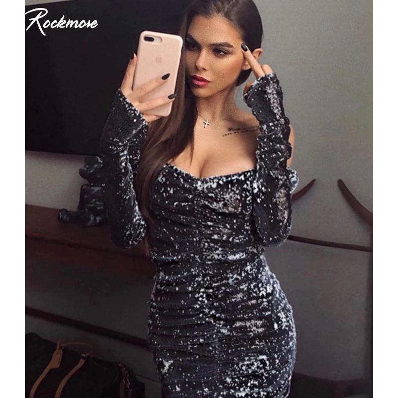 

Rockmore Lurex Long Sleeve Zipper Mini Dress Women Pleated Above Knee Wrap Dresses Femme Backless Off Shoulder Sexy Autumn Dress