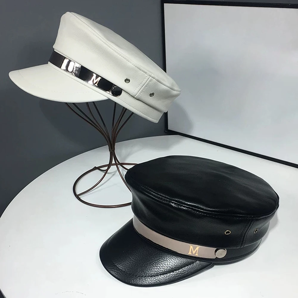 New Fashion PU Leather Military Hat Autumn Sailor Hat For Women Men Belt Berets flat top Female travel cadet hat Captain Cap
