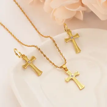 

cool cross Necklace Earrings Solid Gold Filled crystal Catholic Religious bridal Jewelry Set Christmas birthday Gift