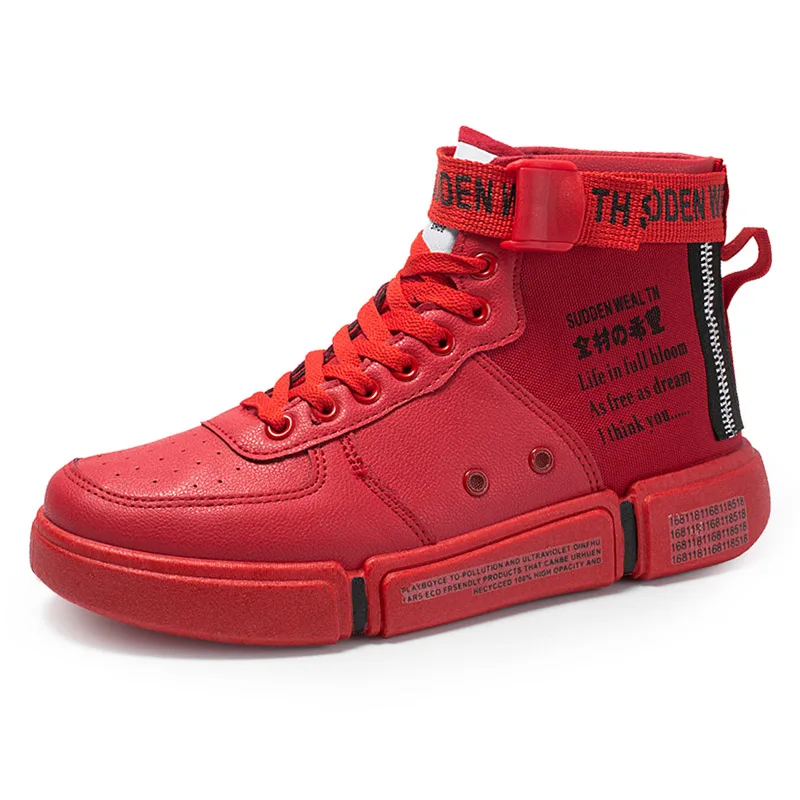 Red GNOME Men Vulcanized Shoes High Top Sneakers For Men Classic Lace-up High Stylish Spring Autumn Flat With Casual Zip Shoes Men - Цвет: Red