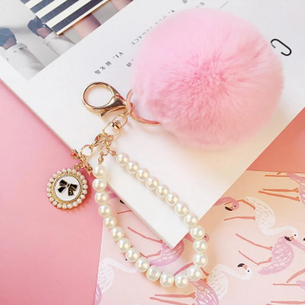 Fashion New Fur Ball Keychain Pearl Pompom Key Chain Women Bag Pendant Car Key Ring Fluffy Fur Keychain