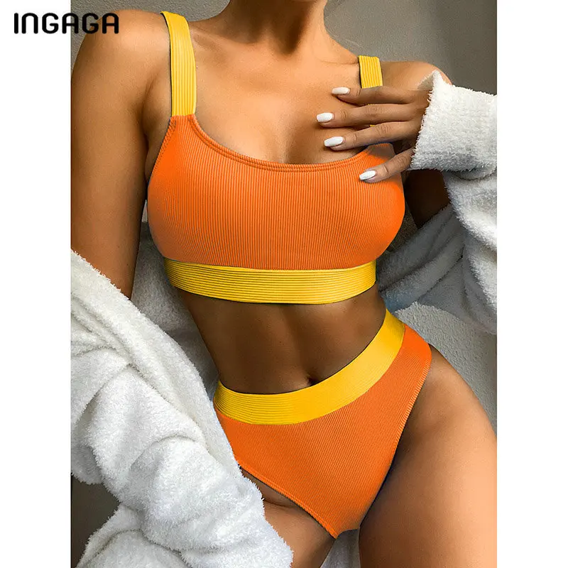 INGAGA High Waist Bikinis 2021 Swimsuits Push Up Swimwear Women Splicing Biquini Beachwear Sexy Ribbed Bathing Suits Female New 2