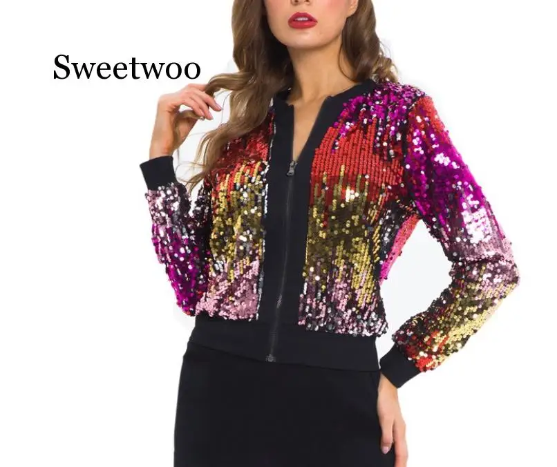 

Женская куртка с блестками Sweetwoo, модная блестящая толстовка на молнии