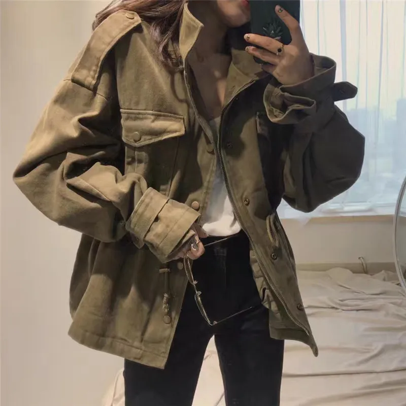 

Army Solid Green Women Jacket Drawstring Lace Up Slim Waist Coat 2020 Autumn Retro Zipper Stand Neck Medium-long Outwear