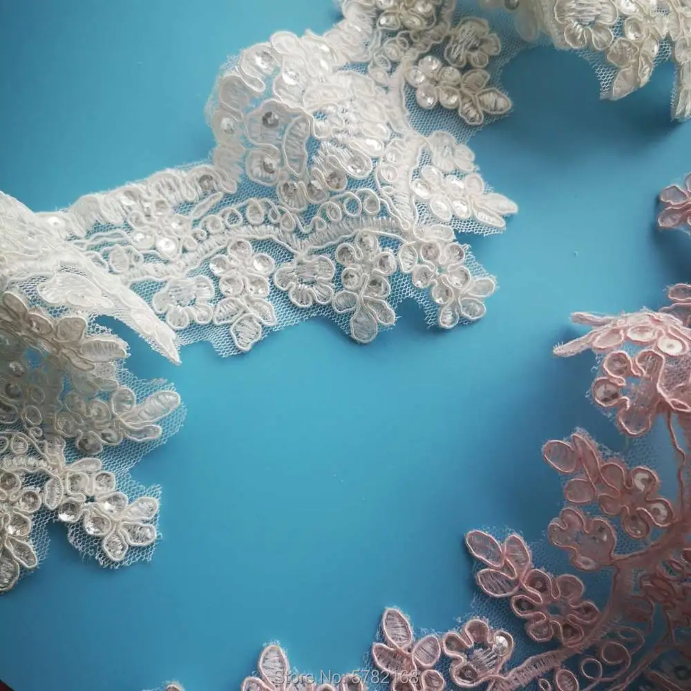Sequins edge Polyester embroidery lace trim For bridal Wedding gown Costume design Lace ribbon 1Yard /8cm lace ribbon lace garment accessories lace sewing supplies lace accessories lace sewing accessories lace decoration