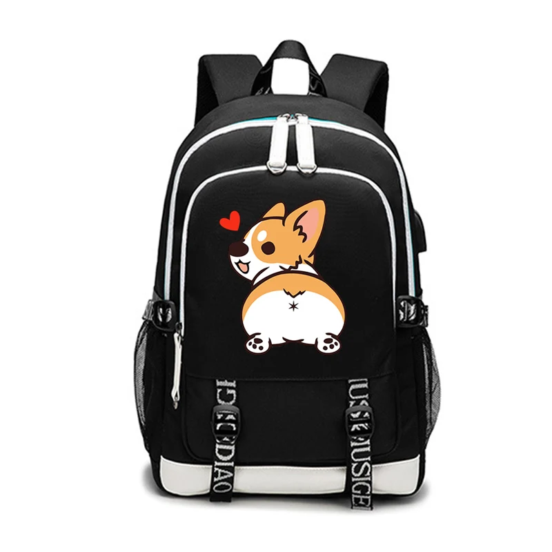 Мультфильм корги Печать USB Рюкзак Сумка школьная черная Mochila дорожные сумки рюкзак для ноутбука USB порт школьный рюкзак