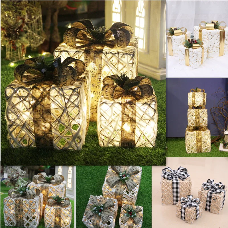 

3/piece set of Christmas gift box Christmas tree ornaments Luminous wrought iron home outdoor Christmas decorations2022 navidad