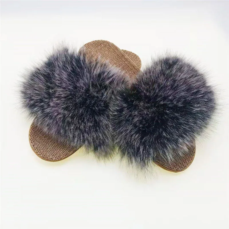 As shown Женские домашние шлепанцы с лисьим мехом; женские домашние тапочки; льняная Летняя обувь; женские сандалии; Роскошные туфли на плоской подошве; большие размеры - Цвет: As shown