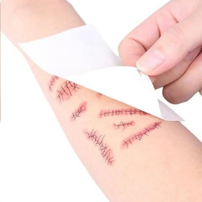 10 Sheets Halloween Waterproof Temporary Tattoo Sticker Horror Realistic Fake Bloody Wound Stitch Scar Scab Cosplay Makeup Props