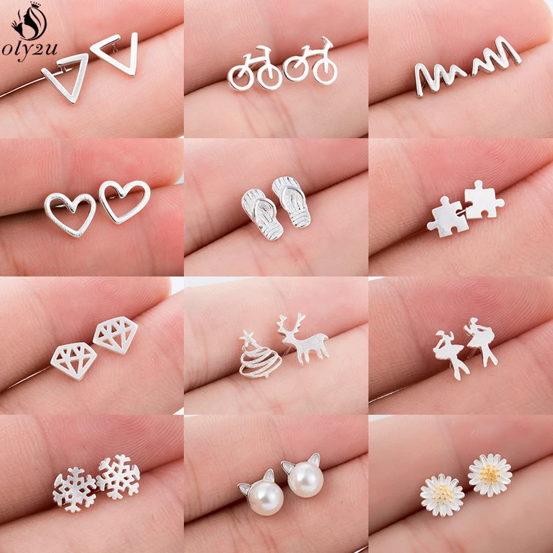 Fashion Korean Mini Pearl Cat Stud Earrings Cute Silver Color Heart Triangle Ballet Daisy Earings for Teen Student Girl Jewelry