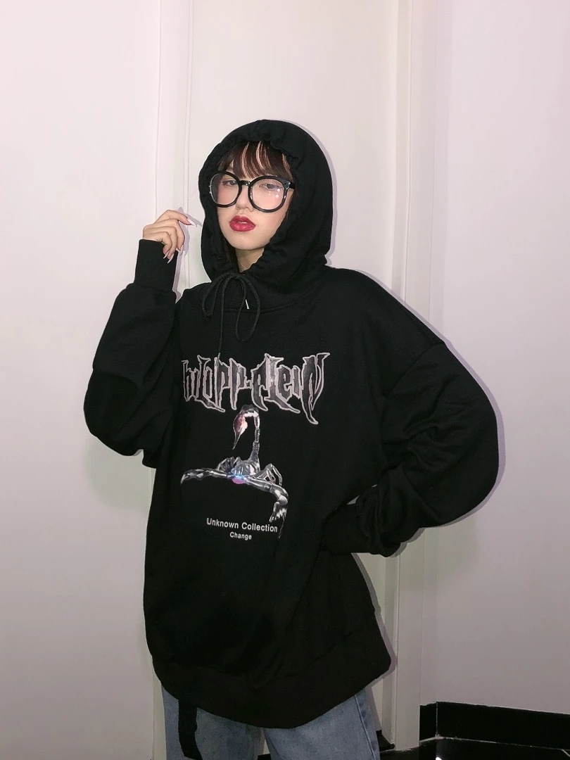 Jasmine BF темный готический Скорпион печати используется мыть балахон негабаритных Ретро толстовки с капюшоном